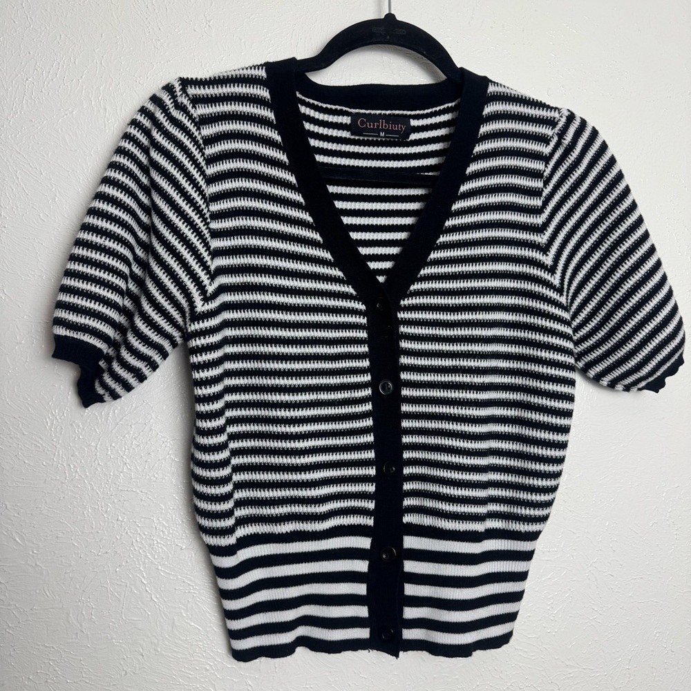 Black and White Striped‎ Bubble Short Sleeve Knit Cardigan